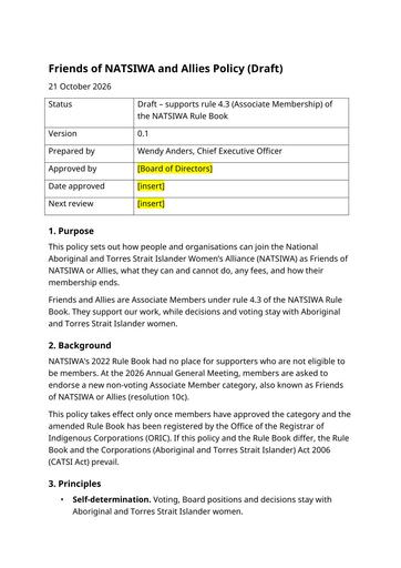 Friends of NATSIWA and Allies Policy Draft