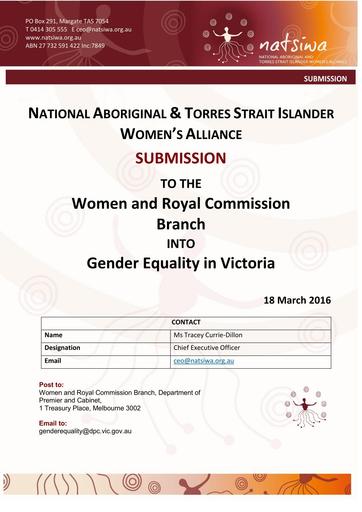 NATSIWA Gender Equality Submission VIC March (2018)