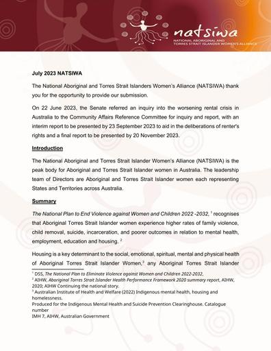 NATSIWA Worsening Rental Crisis Submission