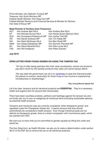 Young Womens’ Open Letter on Lifting the Tampon Tax (July 2018)