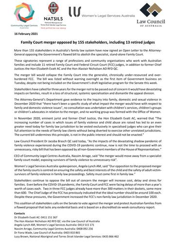Joint Med Rel Open Letter – Family Court merger opposed by 155 stakeholders (February 2021)
